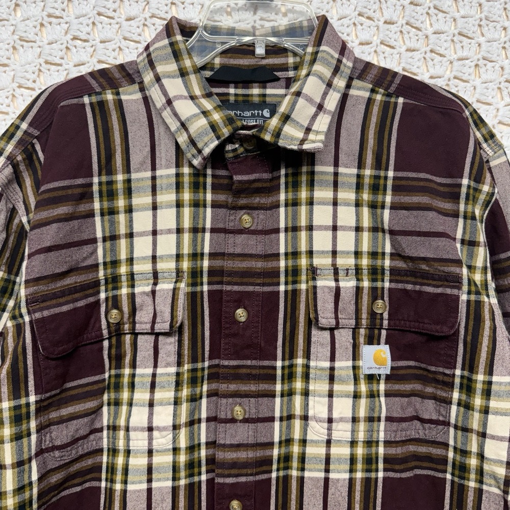 Carhartt Men's Shirt Sz L Tall Loose Fit Heavyweight Flannel Burgundy Plaid